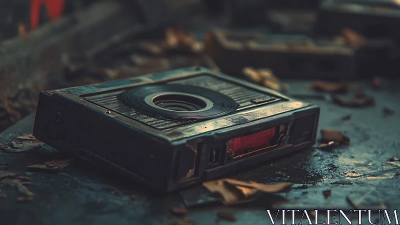 Retro cassette lens rests on rusted metal surface, decayed.