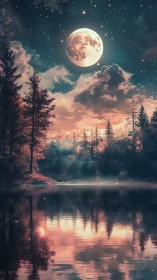 Oversized lunar disc illuminates ethereal forest lake panorama