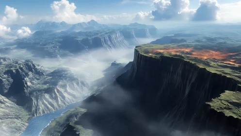 Volcanic plateau cliffscape under volumetric cloud canopy.