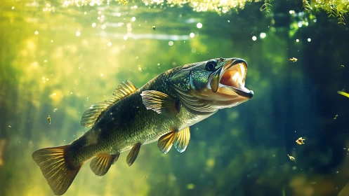 Underwater largemouth bass with open mouth in green habitat.