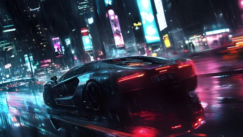 Supercar accelerates through neon rain in cyberpunk cityscape