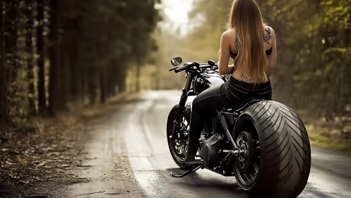 Custom wide-tire motorcycle and rider aligned on forest road