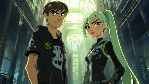 Neo-urban duo in luminous vault-like industrial atrium.