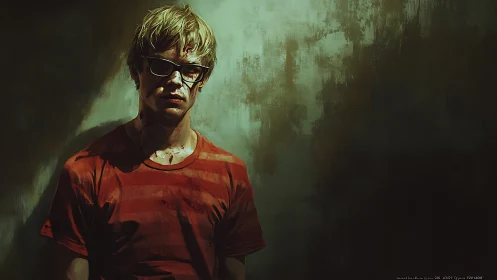 Bloodstained youth in striped shirt under harsh directional light