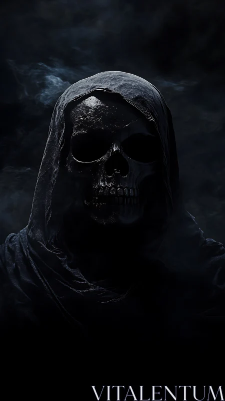 Mysterious hooded skull emerging from swirling midnight shadow.