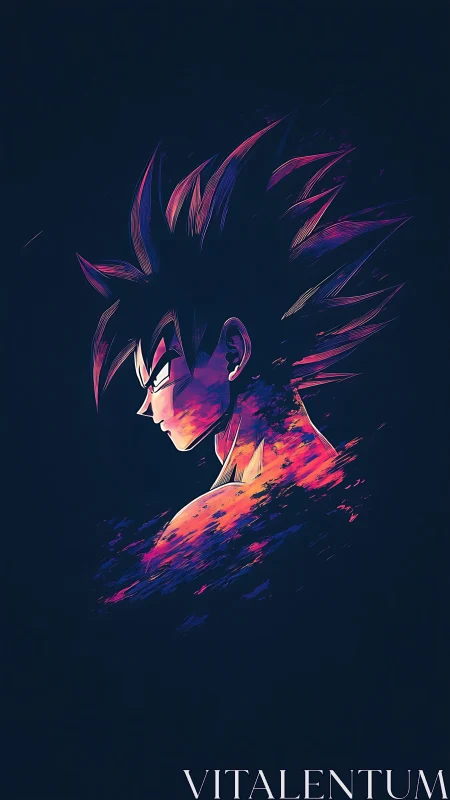 Chromatic Saiyan silhouette in fragmented neon dispersion.
