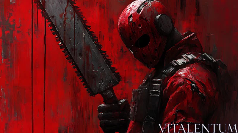 Crimson masked warrior quietly stands with a worn chainsaw