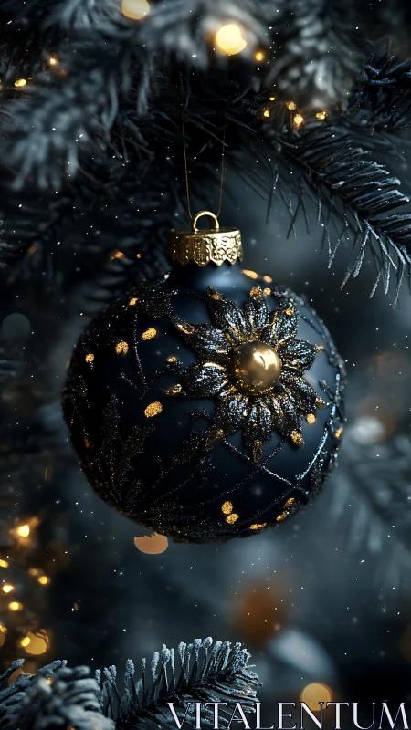 Macro study of matte black ornament with gold floral filigree.