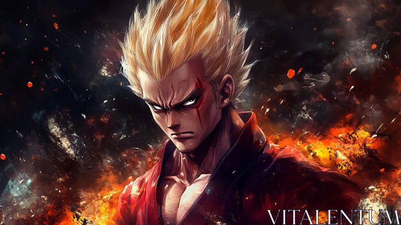Intense anime warrior in flames with spiked blonde hair.