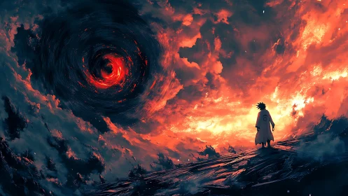 Lone caped figure observes swirling crimson sky vortex