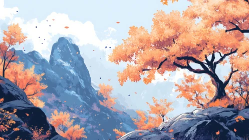 Autumn mountain vista balances cool rock planes and warm canopy