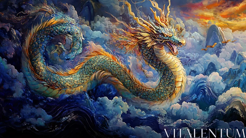 Serpentine sky dragon arcs through turbulent clouds and dynamic waves