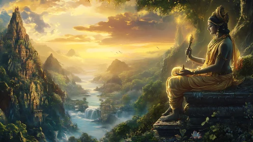Sunlit river kingdom beneath meditating golden deity.