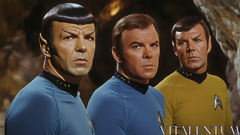 Photorealistic sci-fi crew portrait with triadic composition.