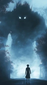 Silhouetted child confronts towering glowing eyed monster