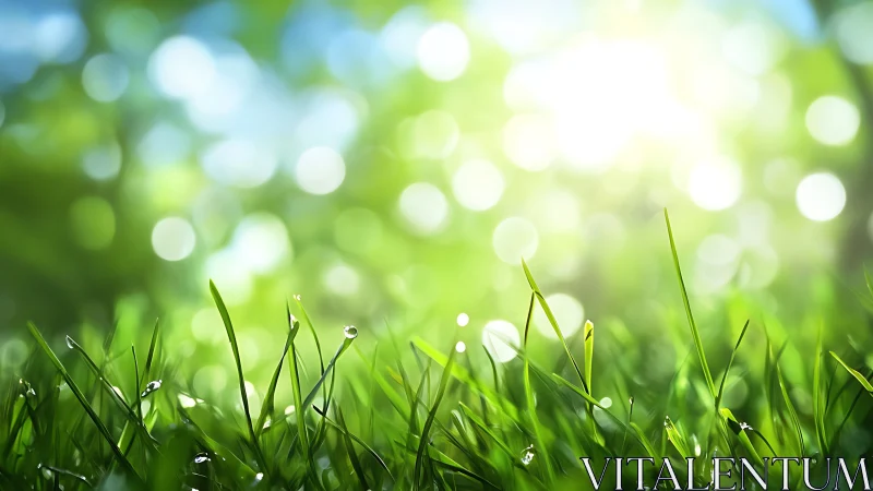 Sunlit morning grass sparkling with soft, dreamy bokeh light.