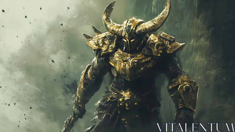 Horned golden warlord strides through storming dust veil.