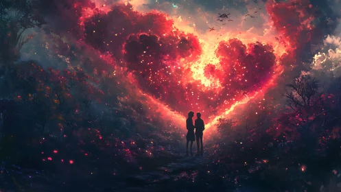 Two figures silhouetted against massive incandescent heart-shaped explosion