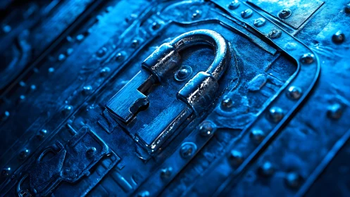 Close-up of Metallic Padlock on Blue-Tinted Chest, Moody Lighting.
