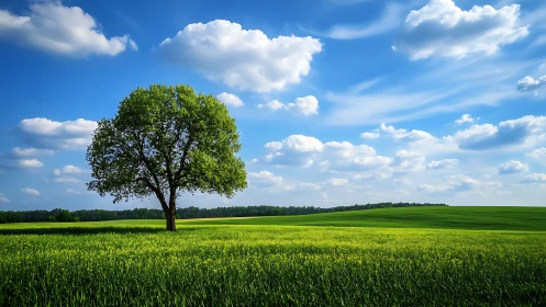 Solitary green tree rises over expansive summer meadow