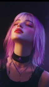 Digital portrait of woman with lilac hair and layered jewelry.