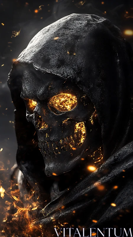 Flaming skull in dark hood dominates fiery close-up scene