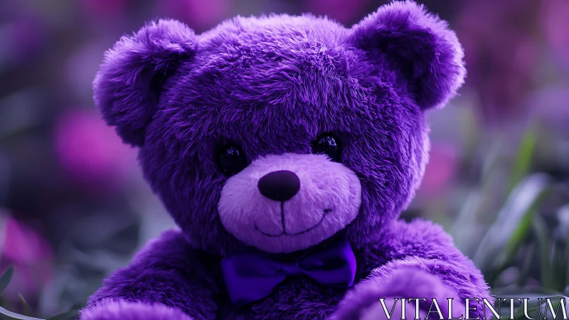 High-saturation purple plush bear under shallow depth-of-field bokeh