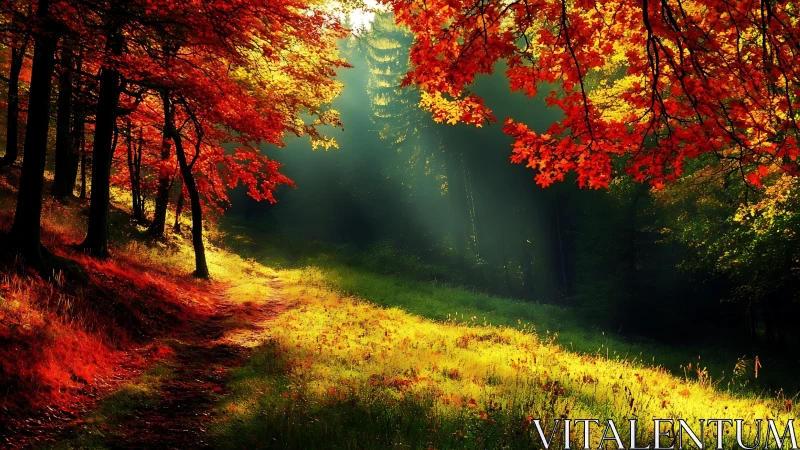 Autumn Forest Canopy with Luminous Foliage and Misty Valley Vista.
