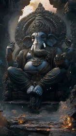 Massive elephant-headed deity statue sits amid ruins