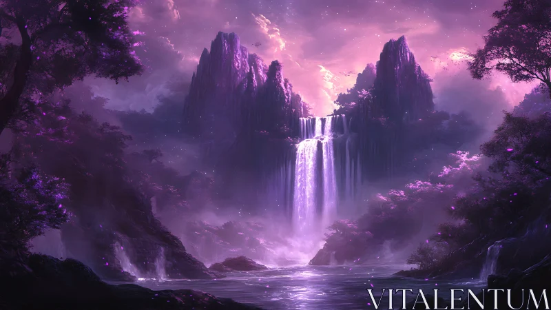 Moonlit violet waterfalls in a dreamy hidden valley.