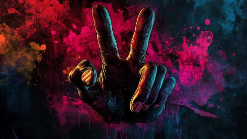 Neon graffiti hand forming bold peace sign gesture.