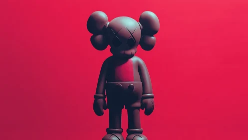 Moody designer toy figure on saturated crimson backdrop.