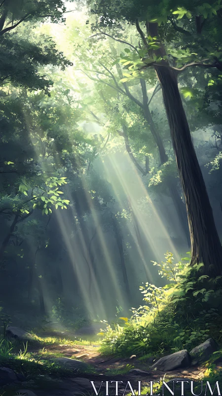 Volumetric Light Rays Through Dense Forest Canopy with Tall Tree Trunk