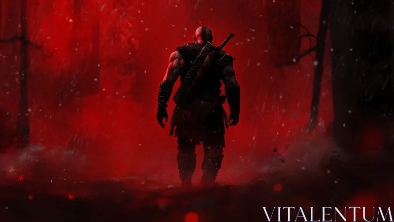 Warrior strides through blood-red misted forest battlefield