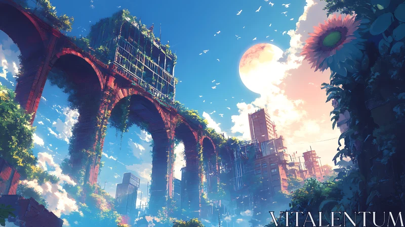 Overgrown elevated arches above dense urban structures.