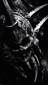 Barbed horned skull helm emerges from oppressive shadows.