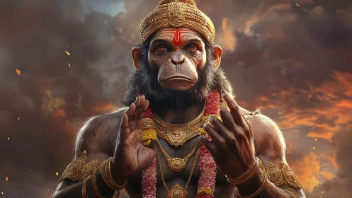 Divine monkey warrior in ornate gold armor and garlands.