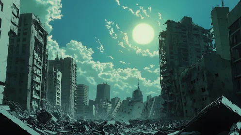 Ruined city skyline under harsh teal daylight sun.