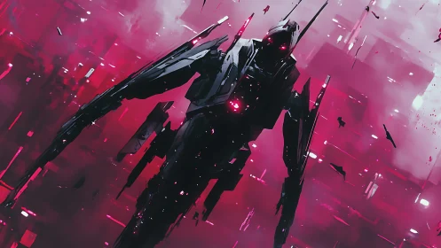 Angular mech silhouette advances through luminous magenta digital void