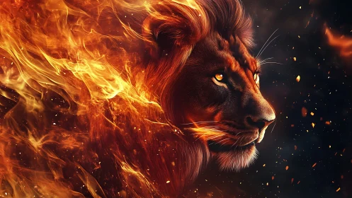Lion forged in flame with dramatic fiery mane detail.