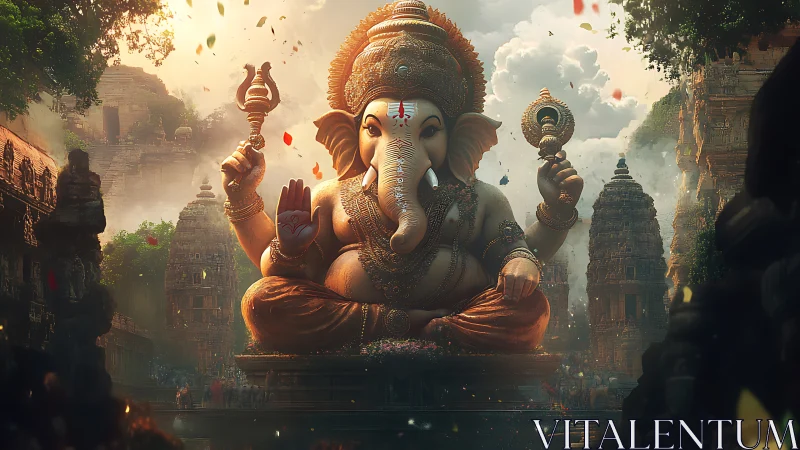 Radiant Ganesha statue rests peacefully in a sunlit temple courtyard