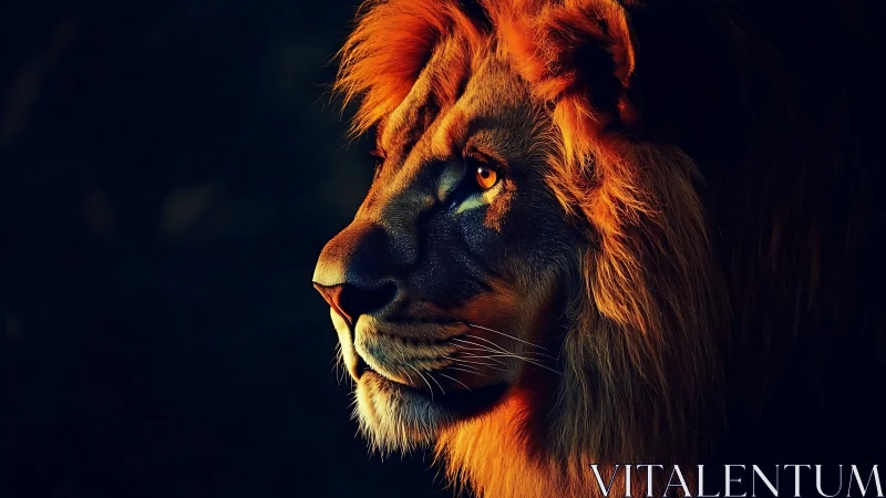 Side-lit lion portrait with high-contrast dramatic rim lighting