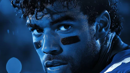High-contrast cyan portrait of intense American football player