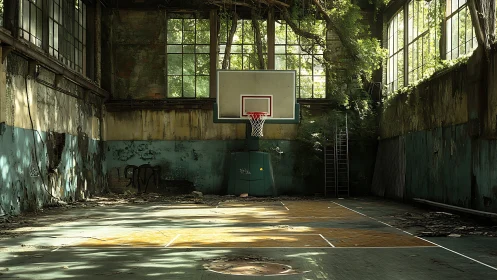 Vines reclaim the forgotten basketball court in dappled silence