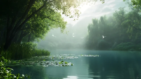 Morning hush over a misty lily pond nestled in forest shade.