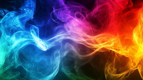 Vibrant multicolored smoke waves over deep dark background.