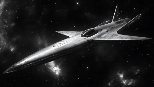 Futuristic silver starship glides through deep outer space
