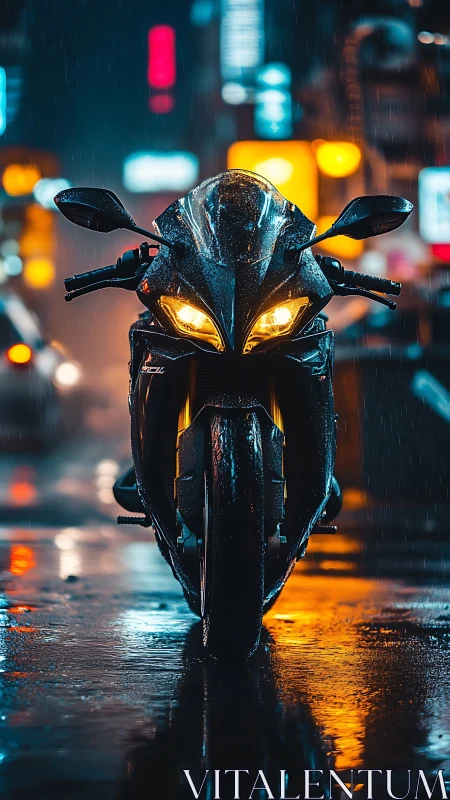 Rain-slick neon predator motorcycle waiting in electric hush.