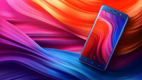 Modern smartphone on vibrant abstract background, digital art style.