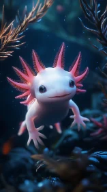 Playful axolotl drifting through luminous kelp forest.